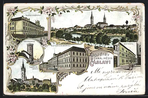 Lithographie Tschaslau / Caslav, Ortsansicht, Stare kasarny, Basta Otakarova