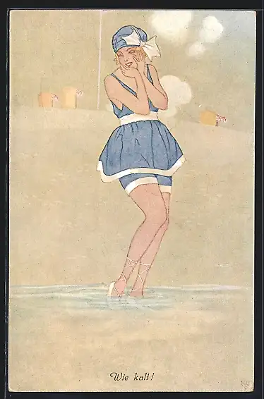 Künstler-AK Dame im Badeanzug mit den Füssen im Wasser