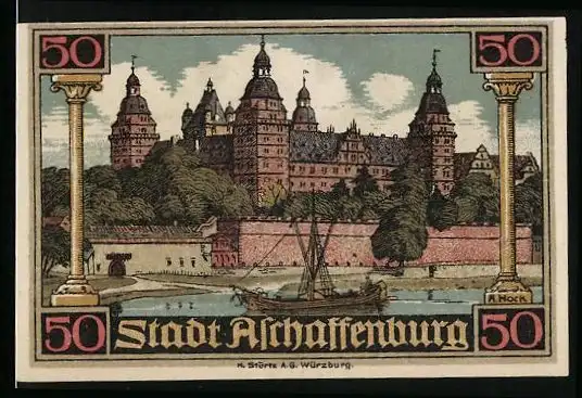 Notgeld Aschaffenburg 1921, 50 Pfennig, Burg und Globus mit Schwert