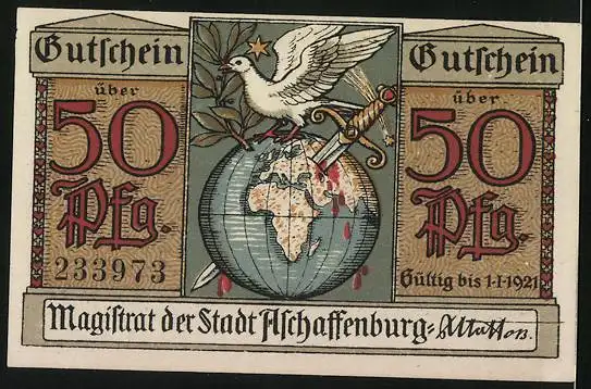 Notgeld Aschaffenburg 1921, 50 Pfennig, Burg und Globus mit Schwert