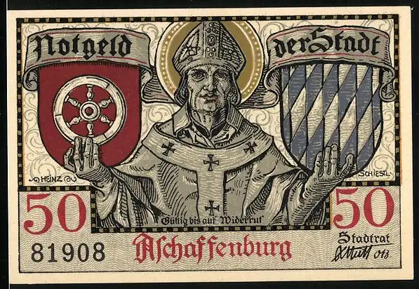 Notgeld Aschaffenburg, 50 Pfennig, Wappen, Hirsch und Eber