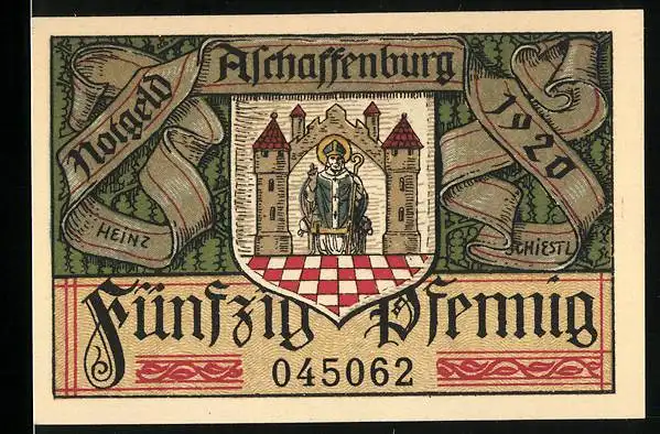 Notgeld Aschaffenburg 1920, 50 Pfennig, Wappen und Maler