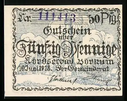 Notgeld Borkum 1918, 50 Pfennig, Leuchtturm und Fisch