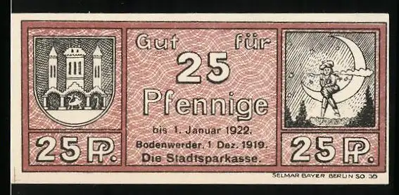 Notgeld Bodenwerder 1919, 25 Pfennig, Stadttor und Mond