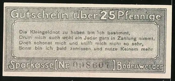 Notgeld Bodenwerder 1919, 25 Pfennig, Stadttor und Mond