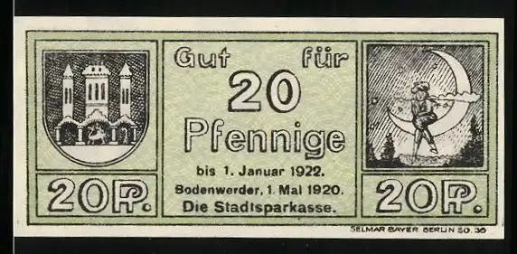 Notgeld Bodenwerder 1920, 20 Pfennig, Stadttor und Mond