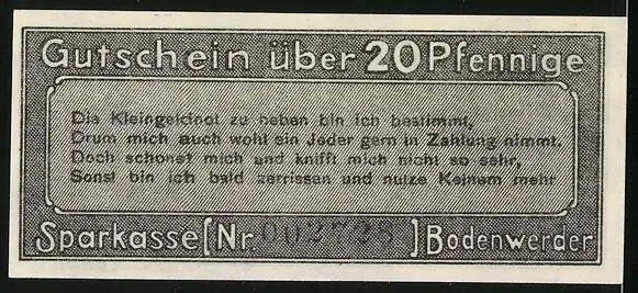 Notgeld Bodenwerder 1920, 20 Pfennig, Stadttor und Mond