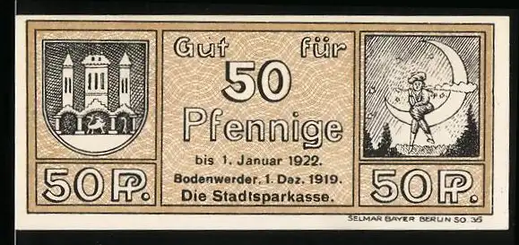 Notgeld Bodenwerder 1919, 50 Pfennig, Stadttor und Mond