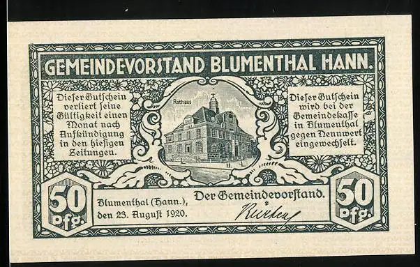 Notgeld Blumenthal Hann. 1920, 50 Pfennig, Rathaus und Gewässer