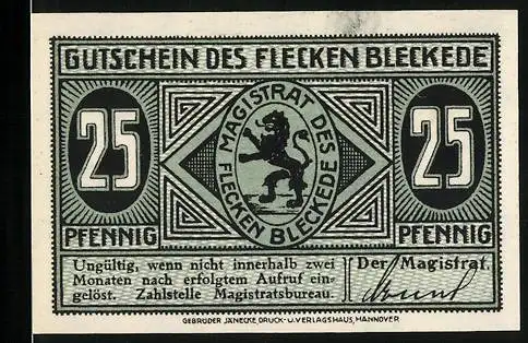 Notgeld Flecken Bleckede, 25 Pfennig, Wappen, Die alte Burg