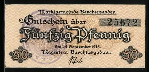 Notgeld Berchtesgaden 1918, 50 Pfennig, Wappen, Ortsansicht mit Kirche