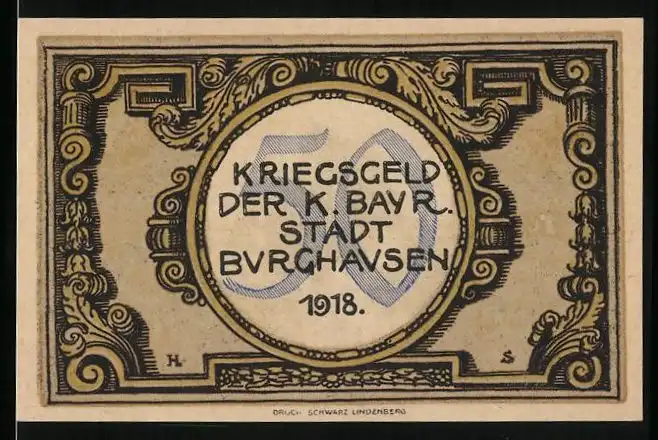 Notgeld Burghausen 1918, 50 Pfennig, Wappen, Ortsansicht