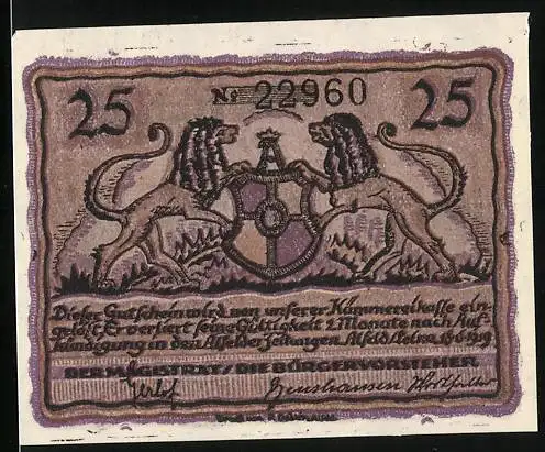 Notgeld Alfeld 1919, 25 Pfennig, Wappen mit Löwen