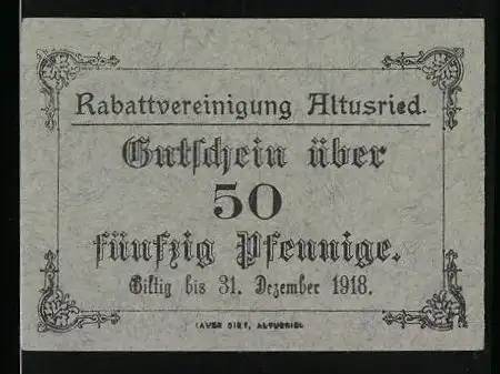 Notgeld Altusried 1918, 50 Pfennig, Rabattvereinigung der Gemeinde