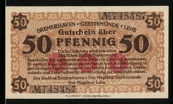 Notgeld Bremerhaven, 50 Pfennig, Wappen, Schiff auf dem Wasser