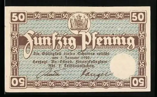 Notgeld Lüneburg / Herzogtum Braunschweig 1920, 50 Pfennig, Wappen