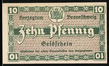 Notgeld Lüneburg / Herzogtum Braunschweig 1920, 10 Pfennig, Wappen