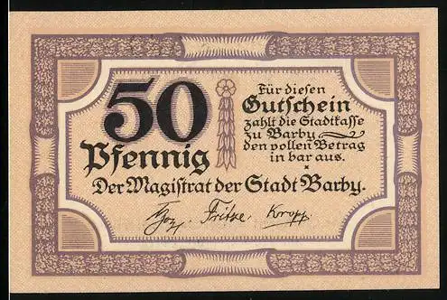 Notgeld Barby 1918, 50 Pfennig, Wappen, Magistrat der Stadt