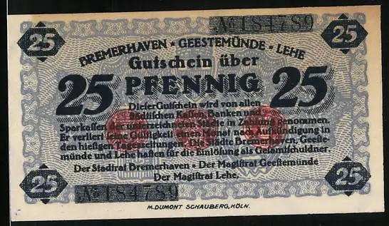 Notgeld Bremerhaven, 25 Pfennig, Wappen, Schiff