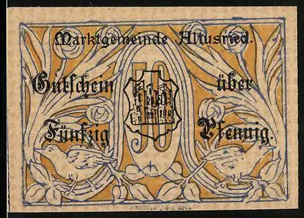 Notgeld Altusried 1920, 50 Pfennig, Rosen mit Vögeln