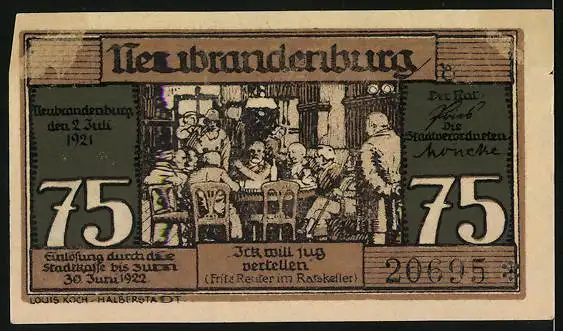 Notgeld Neubrandenburg 1922, 75 Pfennig, Fritz Reuter im Ratskeller