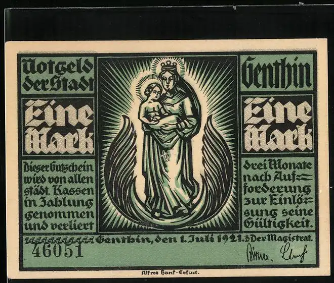 Notgeld Genthin 1921, 1 Mark, Heilige Jungfrau mit Kind