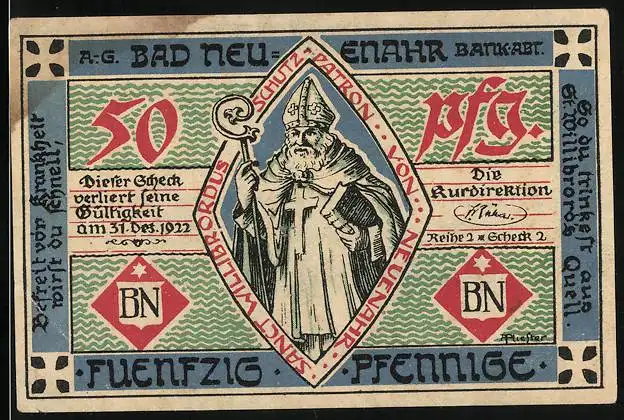 Notgeld Bad Neuenahr 1922, 50 Pfennig, Wappen mit Adler