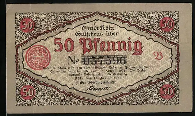 Notgeld Köln 1922, 50 Pfennig, Soldaten mit Gewehren