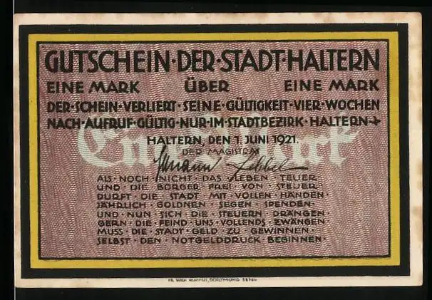 Notgeld Haltern 1921, 1 Mark, Turm und Strassenpartie mit Gänsen