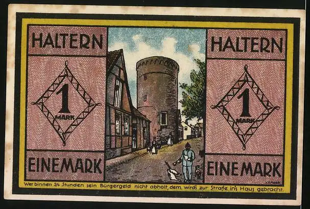 Notgeld Haltern 1921, 1 Mark, Turm und Strassenpartie mit Gänsen