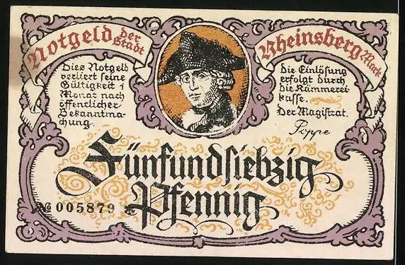 Notgeld Rheinsberg, 75 Pfennig, Magistrat Poppe, Säulen