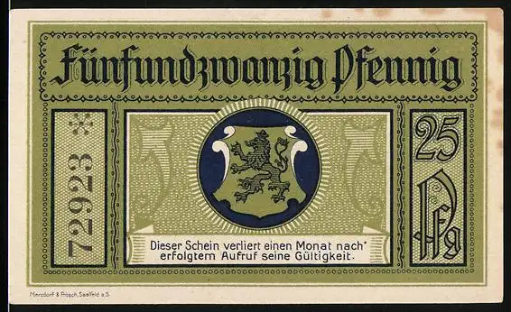 Notgeld Leutenberg in Thüringen 1921, 25 Pfennig, Wappen, Schloss Friedensburg