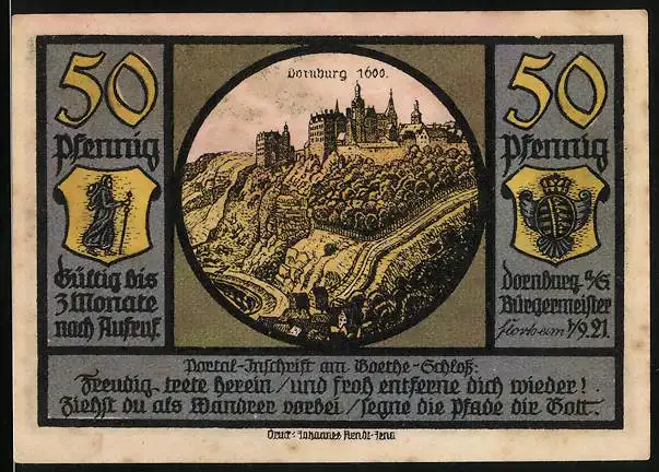 Notgeld Dornburg a. d. Saale 1921, 50 Pfennig, Besuch von Goethe auf der Burg