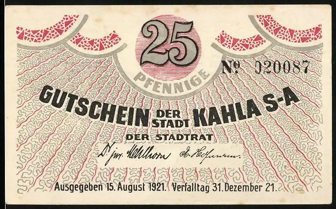 Notgeld Kahla 1921, 25 Pfennig, Geschirr aus Porzellan
