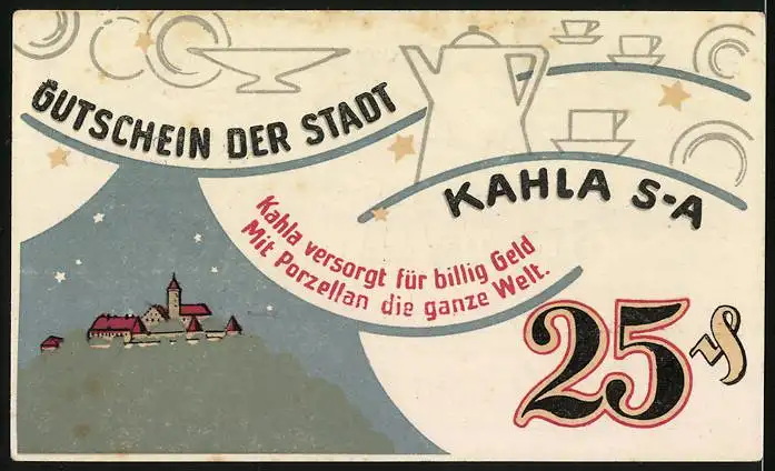 Notgeld Kahla 1921, 25 Pfennig, Geschirr aus Porzellan