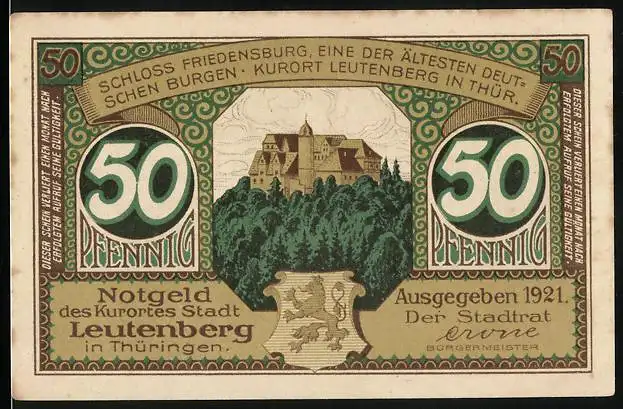 Notgeld Leutenberg /Thüringen 1921, 50 Pfennig, Burg und Rostbratwurst