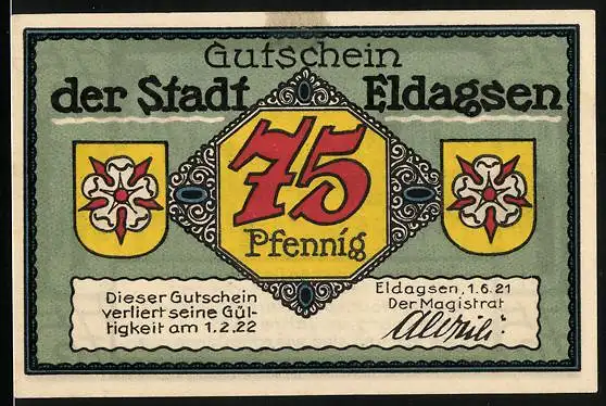 Notgeld Eldagsen 1921, 75 Pfennig, Wappen und Strassenpartie