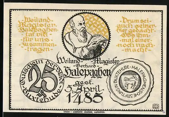 Notgeld Buxtehude 1921, 25 Pfennig, Rathaus, Magister Halepaghen