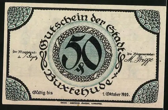 Notgeld Buxtehude 1920, 50 Pfennig, Schmied und Hund