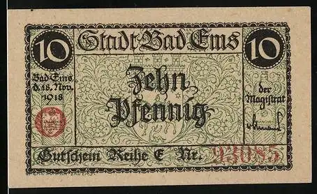 Notgeld Bad Ems 1918, 10 Pfennig, Wappen, Ortsansicht mit Flaschen