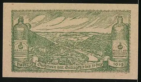 Notgeld Bad Ems 1918, 10 Pfennig, Wappen, Ortsansicht mit Flaschen