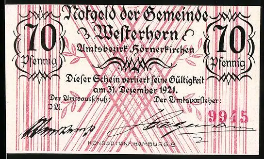 Notgeld Westerhorn 1921, 70 Pfennig, Volksfest mit Gedicht
