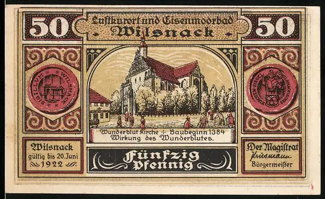 Notgeld Wilsnack 1922, 50 Pfennig, Wunderblut Kirche