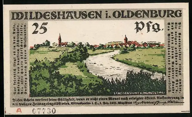 Notgeld Wildeshausen i. Oldenburg 1921, 25 Pfennig, Stadtansicht v. Huntetal