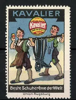 Reklamemarke Kavalier ist die Beste Schuhcreme der Welt, Union Augsburg, zwei Schuster mit Stiefeln, Dose