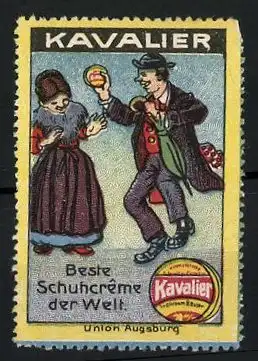 Reklamemarke Kavalier ist die Beste Schuhcreme der Welt, Union Augsburg, Mann tanzt mit Dose in der Hand