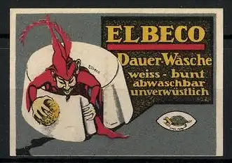 Reklamemarke Elbeco Dauer-Wäsche ist weiss, bunt, abwaschbar und unverwüstlich, Elf putzt eine Tischdecke