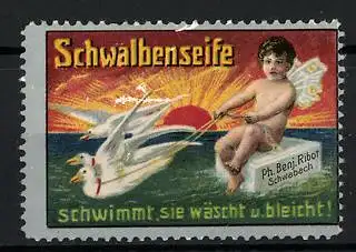 Reklamemarke Schwalbenseife schwimmt, sie wäscht und bleicht!, Ph. Benj. Ribot, Schwabach, Engel und Schwalben