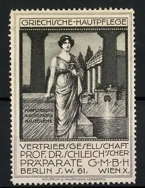 Reklamemarke Griechische Hautpflege der Vertriebsgesellschaft Prof. Dr. Schleich GmbH, Berlin, antike Szene mit Frau