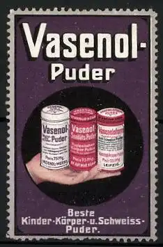 Reklamemarke Vasenol Puder, Beste Kinder-, Körper- und Schweisspuder, drei Dosen Puder